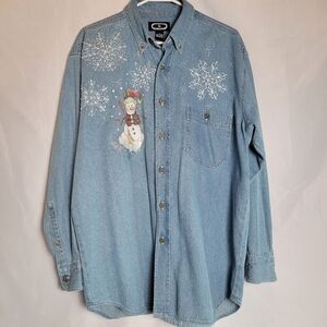 Three Rivers Women's Denim Winter Snowman Handcrafted Button Up Shirt Size L